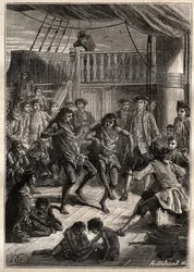Louis Antoine, Count of Bougainville (1729-1811) received the inhabitants of the Bay Fortescue (Detroit of Magellan) in his boat 