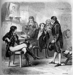 Louis Benoit (Louis-Benoit) Picard (1769-1828), French writer and comedian, represented in his studio. Engraving from 1858.