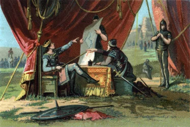 Louis III and Carloman II besieged Vienna in vain. Chromolithography around 1890