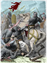 Louis VI called “The Fat” (1081 - 1137), in the battle of Brenneville, attempted to take Normandy from King Henry I of England in 1119. Engraving in “Histoire De France En Cent Paintings by Paul Lehugeur” 1891.