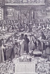 Louis XIV, love and delight of his people, engraving from Almanacco