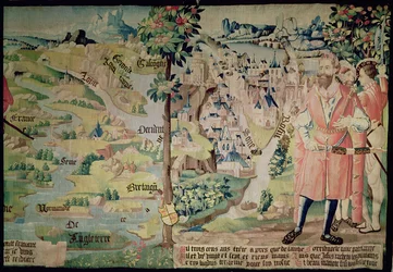 Lugdus (1672-21 BC) before a representation of the City of Lyon, Arras workshop, c.1530