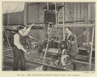 Santos-Dumont and Buchet visiting the engine in the hangar (engraving)