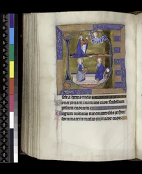 MS 300 f.125v, David prays to God (above); God with orb and Christ with book seated on bench (below), from the Psalter and Hours of Isabella of France, Paris, c.1265-70