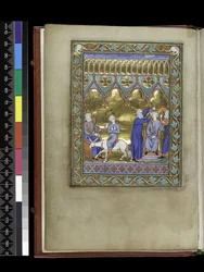 David, Enthroned, Sends Solomon to Sadoc and Nathan Who Crown and Anoint Him, from the Psalter and Hours of Isabella of France, Paris, c.1265-70
