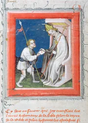 Messenger giving a letter from the king of France to a bishop, miniature from Bible de Guiart des Moulins