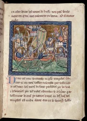 Page of text with illumination of a sea battle, from De Re Militari, c.1270
