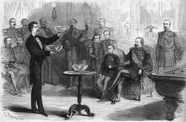 Magic show given by Mr. Faure Nicolay at the Chalons camp in the presence of Emperor Napoleon III (1808-1873) and his son Prince Imperial (1856-1879)
