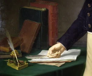 Man holding a pen in his right hand, c.1830-40