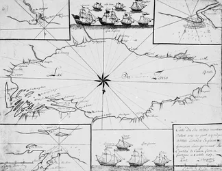 Map of Lake Ontario with the English and French fleets