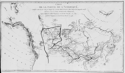 Map of North America, plotting the expeditions of Sir Alexander Mackenzie in 1789 and 1798 to the Arctic Ocean