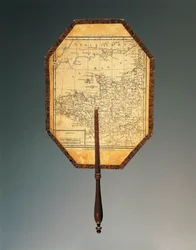 Map of Northwestern France, gouache-painted cardboard fan with watercolored print and shaped wood handle