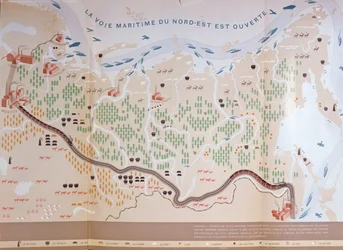 Map of Siberia showing the immense natural resources of the area and depicting a sea route which would open up trade, 1933