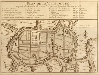 Map of the city of Siam, capital of the kingdom of that name after a survey done by a French engineer in 1687, published in the 1751 edition of Histoire Generale des Voyages by Antoine Prevost