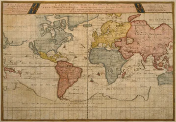 Map showing the world trade shipping routes, cartography by Pierre Duval published in 1686, Paris