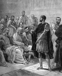Marcus Atilius Regulus before the Roman Senate - The Roman consul Marcus Atilius Regulus (about 256 BC) before the Roman Senate - in “Popular history of science, inventions and discoveries from the first centuries to the present day” by Bitard Adolphe 1880