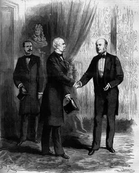 Marechal Patrice de Mac Mahon congratulates his successor to the presidency of the French Republic, Jules Grevy. Engraving in Le Monde Illustré n°1141 of February 8