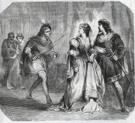 Marguerite de Baviere, Duchess of Burgundy (1363-1423) and Queen Isabeau of Baviere (1371-1435) separate Louis I of Valois, Duke of Orleans (1372-1407) and Jean Sans Peur, Duke of Burgundy (1371-1419), who fight for the government