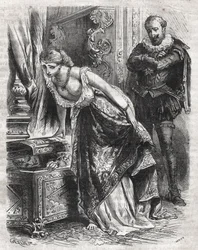 Marguerite de Valois hides Julien de Leris, her lover, in a safe. Her husband, King Henry IV of France, observes the scene with fun. 16th century. Engraving from 1871 in 
