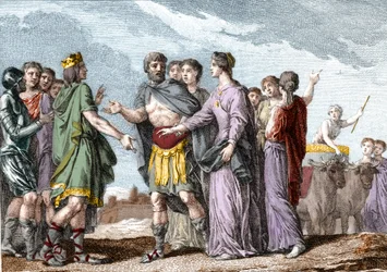 Marriage of Clovis 1st (481-511), King of the Francs, with Clotilde (Sainte Clothilde, ca. 475-545) (Queen) in 493. Engraving of the 18th century.