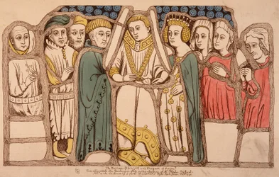 Marriage of Henry VI of England (1421 - 1471) and Margaret of Anjou (1429 - 1482) in 1445. Engraving from 1793. Library of Decorative Arts in Paris.