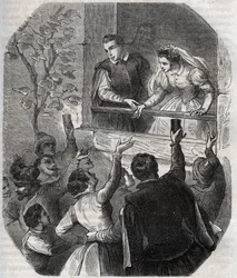 Marriage of Martin Guerre (circa 1524) and Bertrande de Rols in Artigat (Ariege) on 15 May 1539. Engraving from 1871 in 