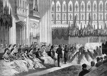 Marriage of Prince of Wales (1841-1910), future King of England Edward VII, with Princess Alexandra of Denmark (1844-1925) celebrated 10 March 1863 in Windsor, England. Engraving in “Le Monde Illustré” n°310 of 21 March 1863