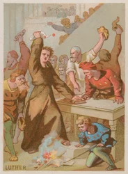 Martin Luther burning the Papal bull banning his works