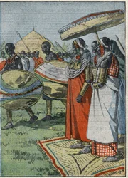 Masai custom: after a lion hunt, the guard of honour passes before the queen who wears wire necklaces - "Le Pelerin" October 14