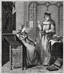 Matthieu Lansbert (15th-16th Century) and His Niece (engraving in 