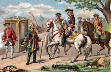 Maurice of Saxony, Marshal of Saxony (1696-1750), victorious in the battle of Fontenoy, met Louis XV of France (1710-1774)