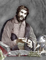 Michel de Nostredame, aka Nostradamus (1503-1566) french astrologer and doctor, engraving, colourized document