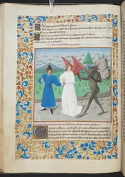 Miniature of a man with a guardian angel and a devil Sloane MS 3049 f. 27, c. 1480