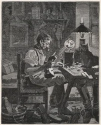 Modern Application by a Shoemaker of the Pila Vitrea. Glass Globe Filled with Water to be Placed Between a Person and the Object They Contemplate to Enlarge it and Make it More Visible. Engraving from 1885 in 