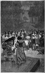 Moliere and his troupe playing before King Louis XIV and Cardinal Jules Mazarin (1602-1661). Engraving in 
