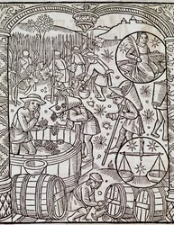 Month of harvest, with Virgo and Libra zodiac signs, from Le grand calendrier des bergers