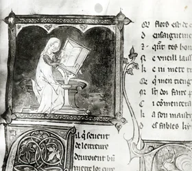 Marie de France (fl.12th Century) Writing, from an Anthology of French Poems, c.1280-90 (detail)