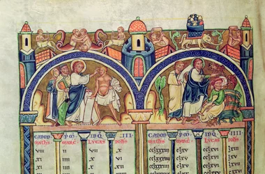 Canon of the Evangelists, detail depicting Christ healing the man with dropsy and casting out demons from a possessed man, from a Latin Bible