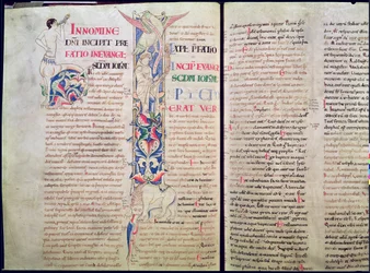 Historiated Initial H Depicting a Centaur and Historiated Initial I Depicting the Eagle of St. John Silencing the Heretic Arius, from the Gospel of St. John, Bible of St. Etienne