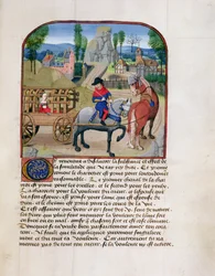 Lady in a covered cart drawn by two horses, from l