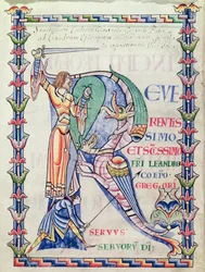 Ms 168 f.4v Historiated initial R depicting a knight fighting a dragon, from Moralia in Job by Pope Gregory the Great