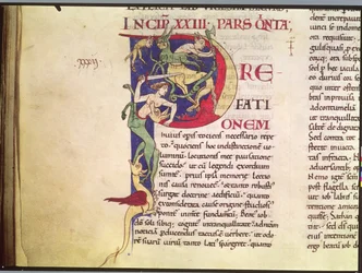 Historiated Initial P Depicting Centaurs, Dragons and Monsters
