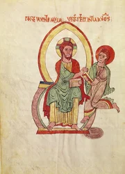 Saint John running to receive the Gospel from Christ, seated within a mandorla, miniature from the Gospel of Saint-Michel-de-Cuxa, c.1070-1130