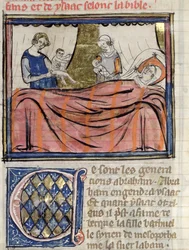 The Birth of the twins Jacob and Esau, miniature from the Bible Historiale of Guiart des Moulins