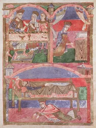 St. Radegund at the table of Clothar I, in her oratory and at the feet of the royal bed, from the Life of St. Radegund