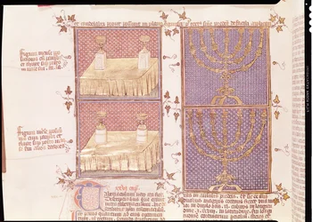 Table of offerings and the menorah, from Postilles sur la Bible by Nicolas de Lyre