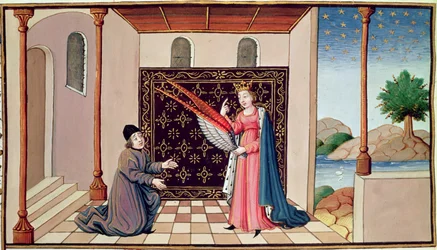 Lady Philosophy offers to Boethius the wings that will enable his mind to fly aloft