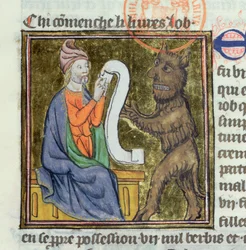 The Temptation of Job by the devil, miniature from the Bible Historiale of Guyart des Moulins