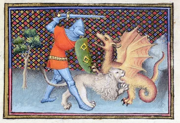 Yvain, the Knight with the Lion, fighting a dragon, miniature from Roman de Lancelot (detail)