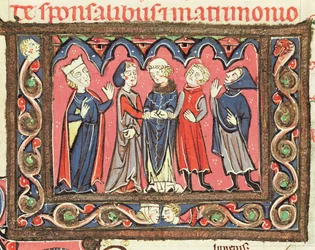 A marriage, illustration from the commentaries of Johannes Andreae on papal Decretals